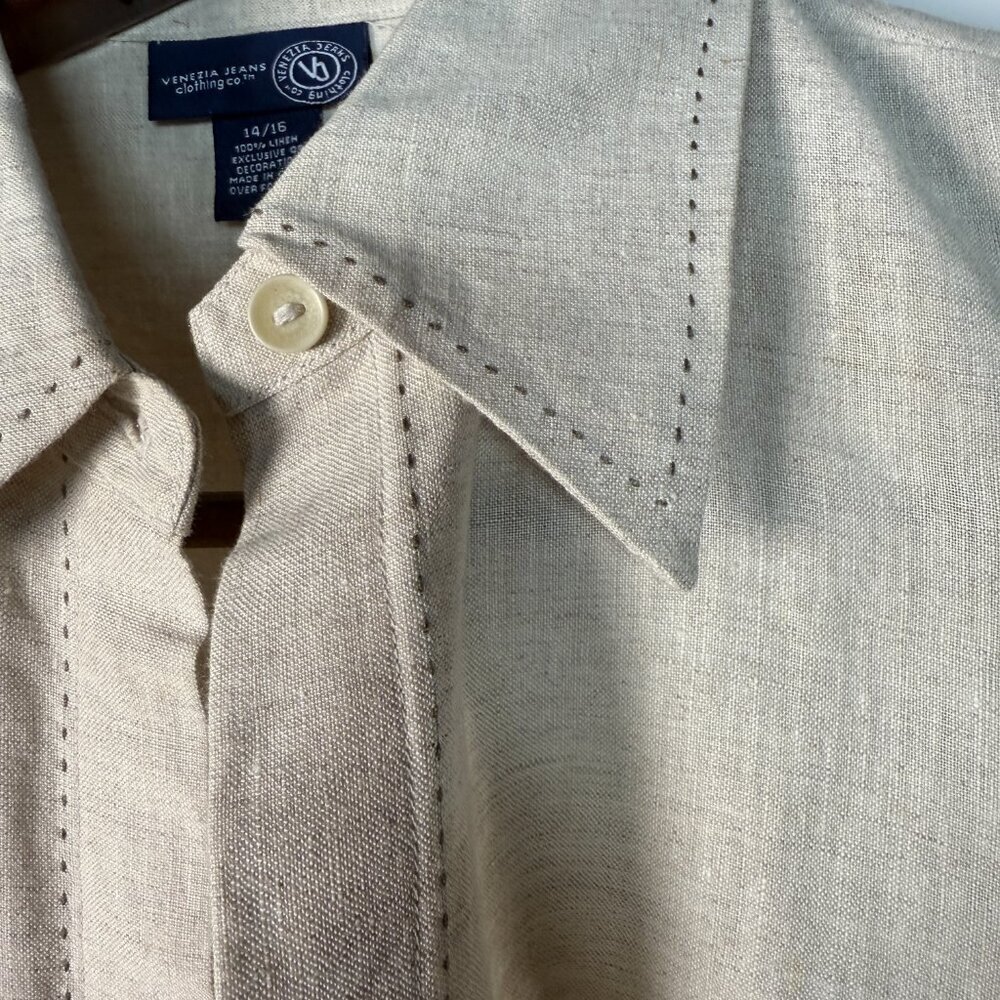 Venezia Jeans Co. Women's 14/16 Beige Linen Button-Up Long Sleeve Shirt